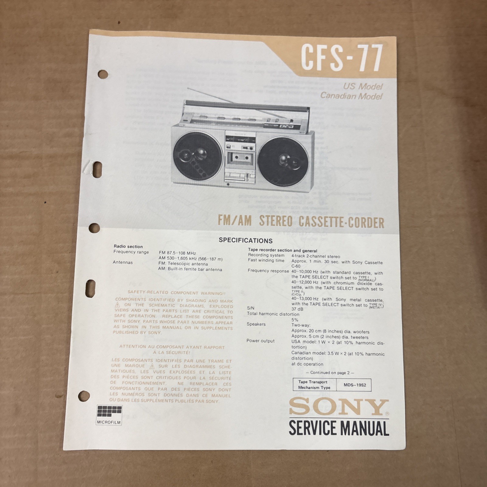 Sony CFS-77 Stereo Radio Cassette Original Service Manual