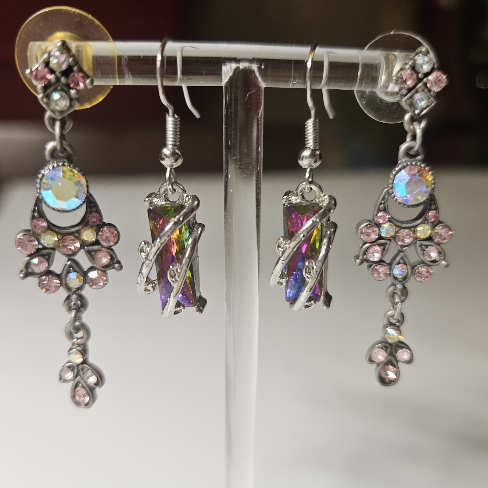 Lot of 2 Pairs of Mystic Aurora Borealis Faceted Rhinestone Dangle Earring Fairy