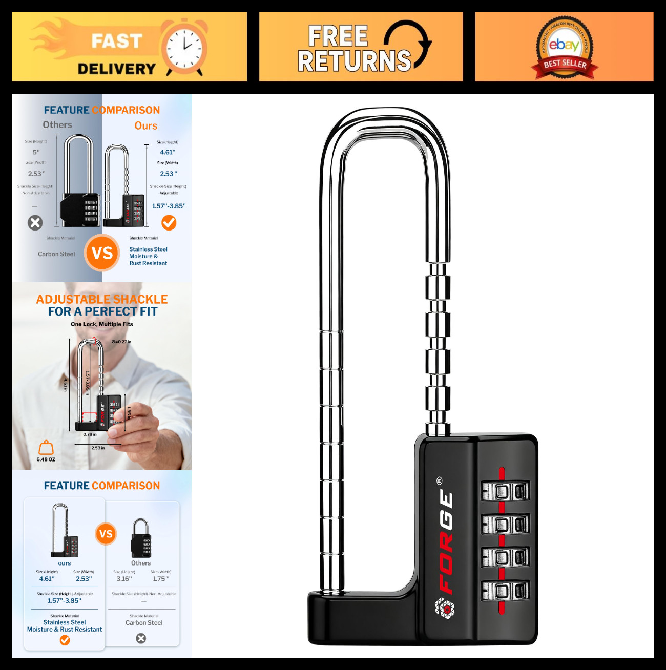 Adjustable Long Shackle 4-Digit Waterproof Padlock for Outdoor Gates, Lockers, T