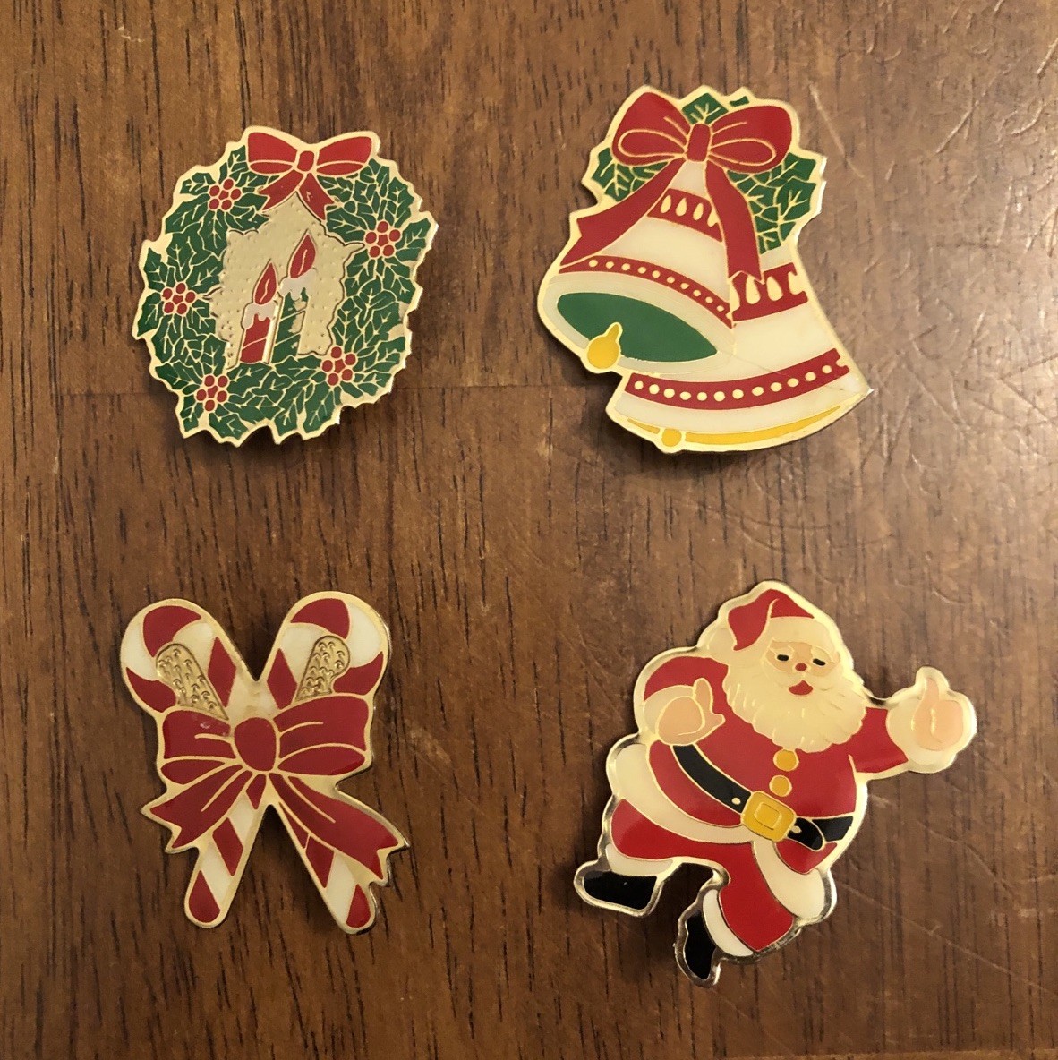 4 VTG Christmas Enamel Brooches/Pins - Wreath, Santa Claus, Bells, Candy Canes