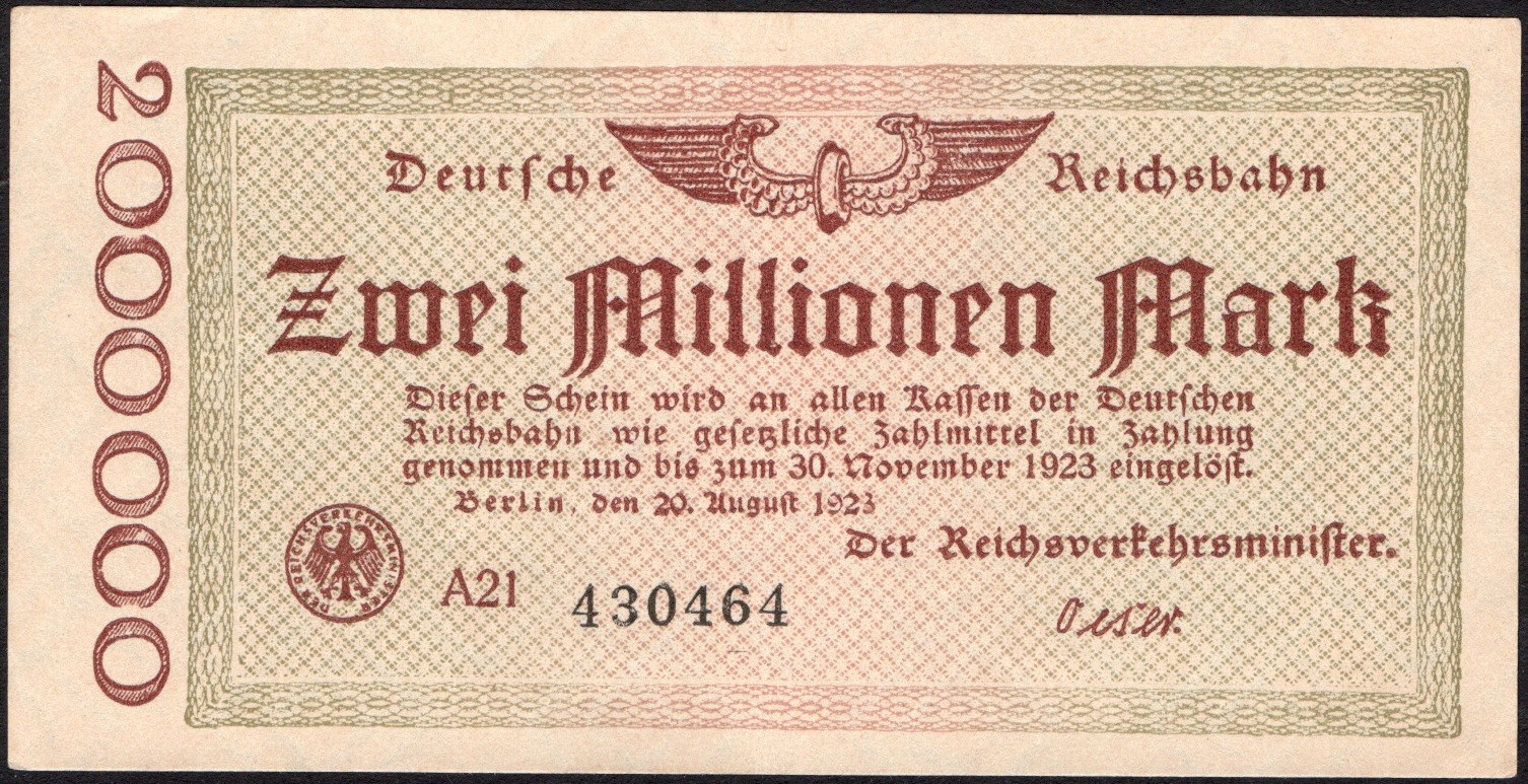 2 Million mark 1923 - Series: A21 430464 Reichsbahn (Railroad) note  -VF-#E10