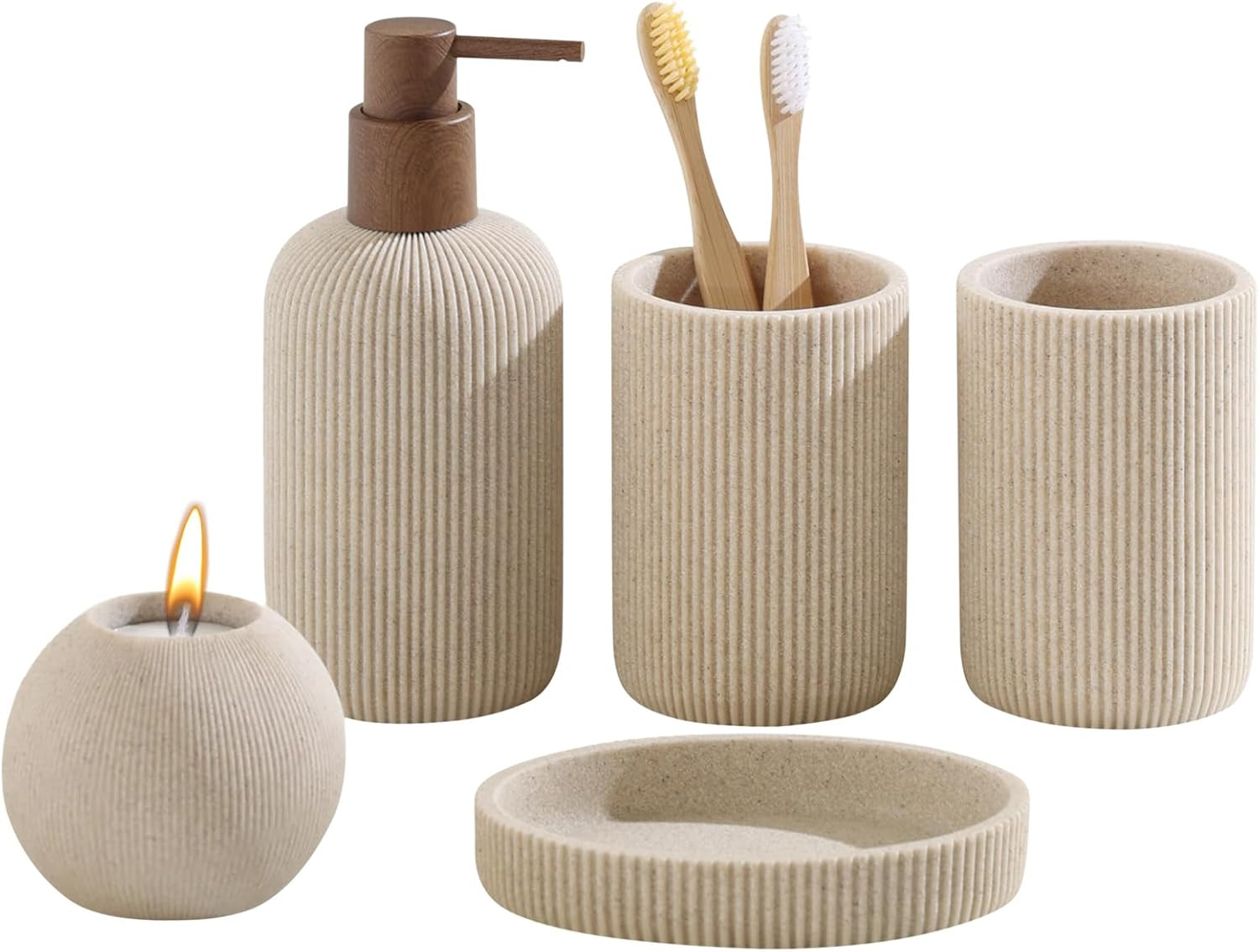Bathroom Accessories Set, 5 PCS Sandstone Look Stripe Modern Bath Organizer with