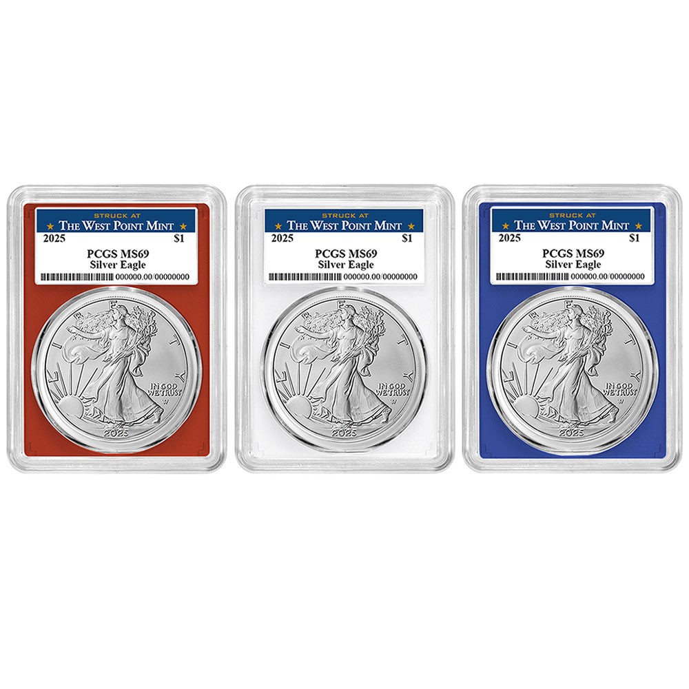 2025 $1 American Silver Eagle 3pc Set PCGS MS69 West Point Label Red White Blue