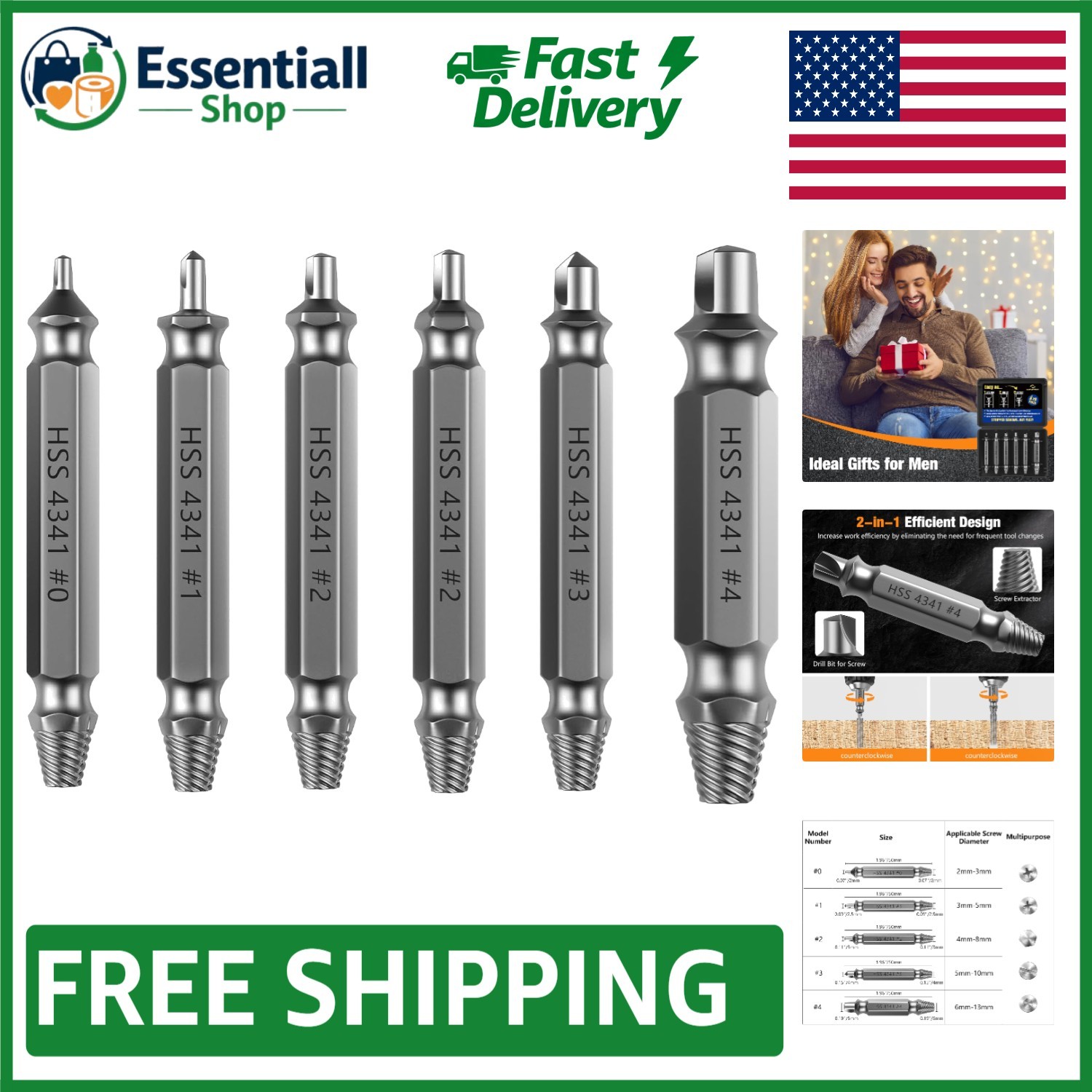 HSS 4341 Easy Out Screw Extractor Set - Perfect for DIY and Home Repairs
