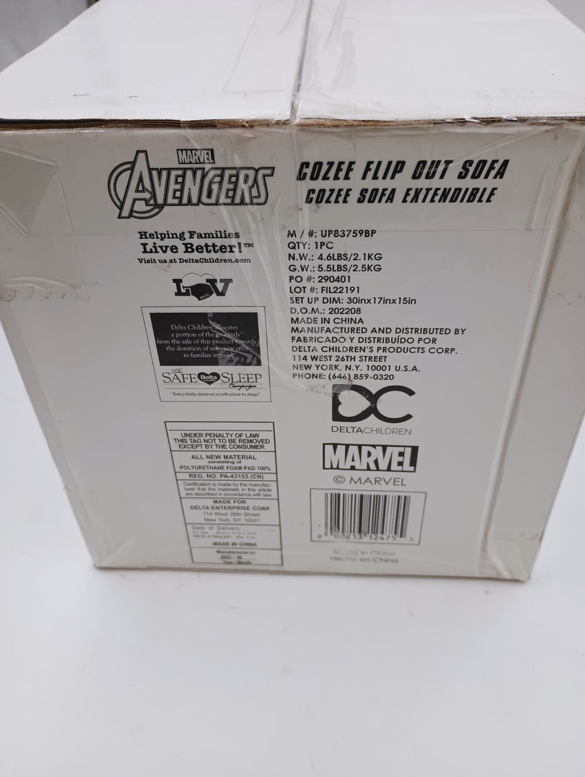 DELTA MARVELS AVENGERS UP83759BP TODDLER COZEE FLIP OUT SOFA NAP MAT 30Wx17Dx15H