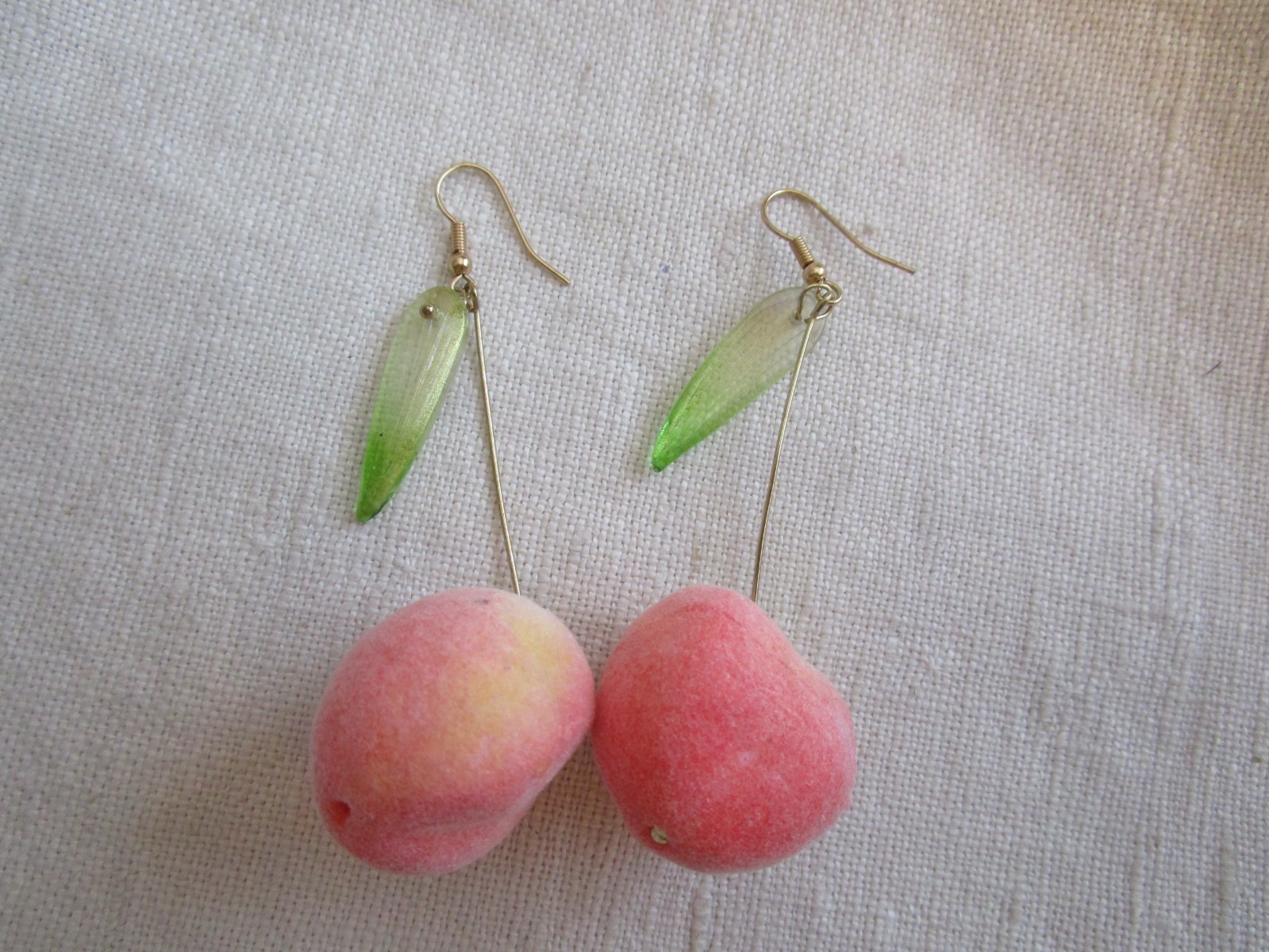1960's Style Fuzzy long Dangle Peach earrings, pierced Hooks, leaf OCT25-22