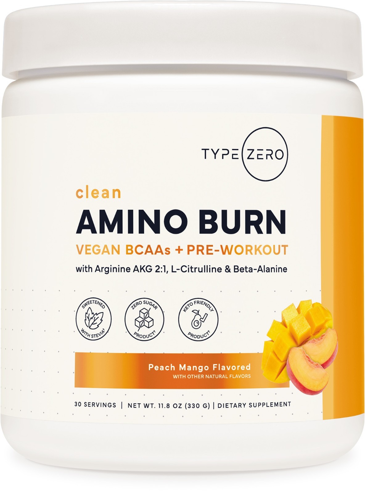 Type Zero Amino Burn (Peach Mango) 30 Servings - Pre Workout with Vegan BCAAs