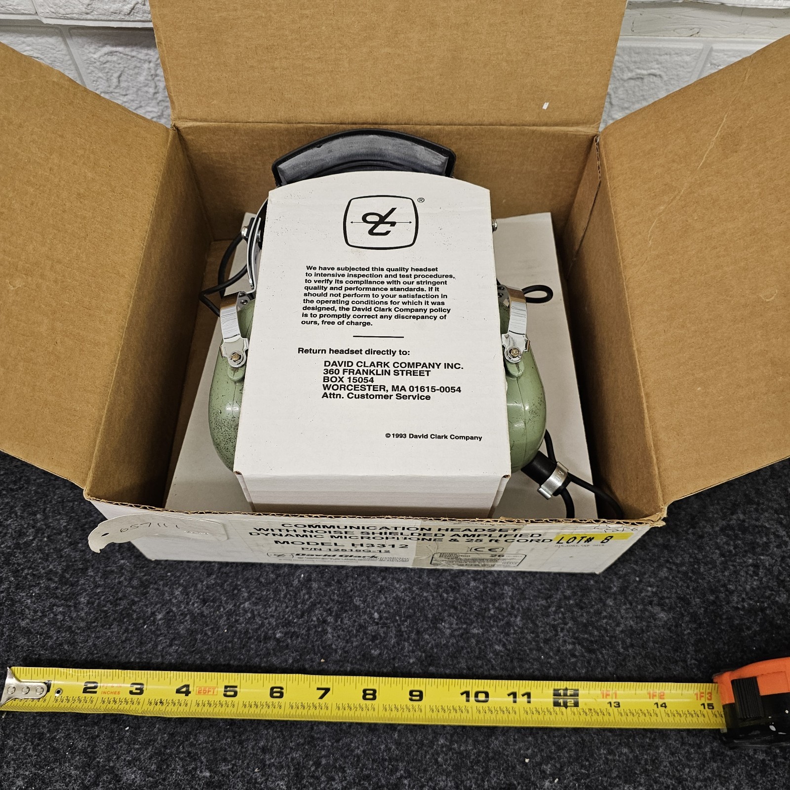 David Clark H3312 Ground Support Headset 25ft Cord with box