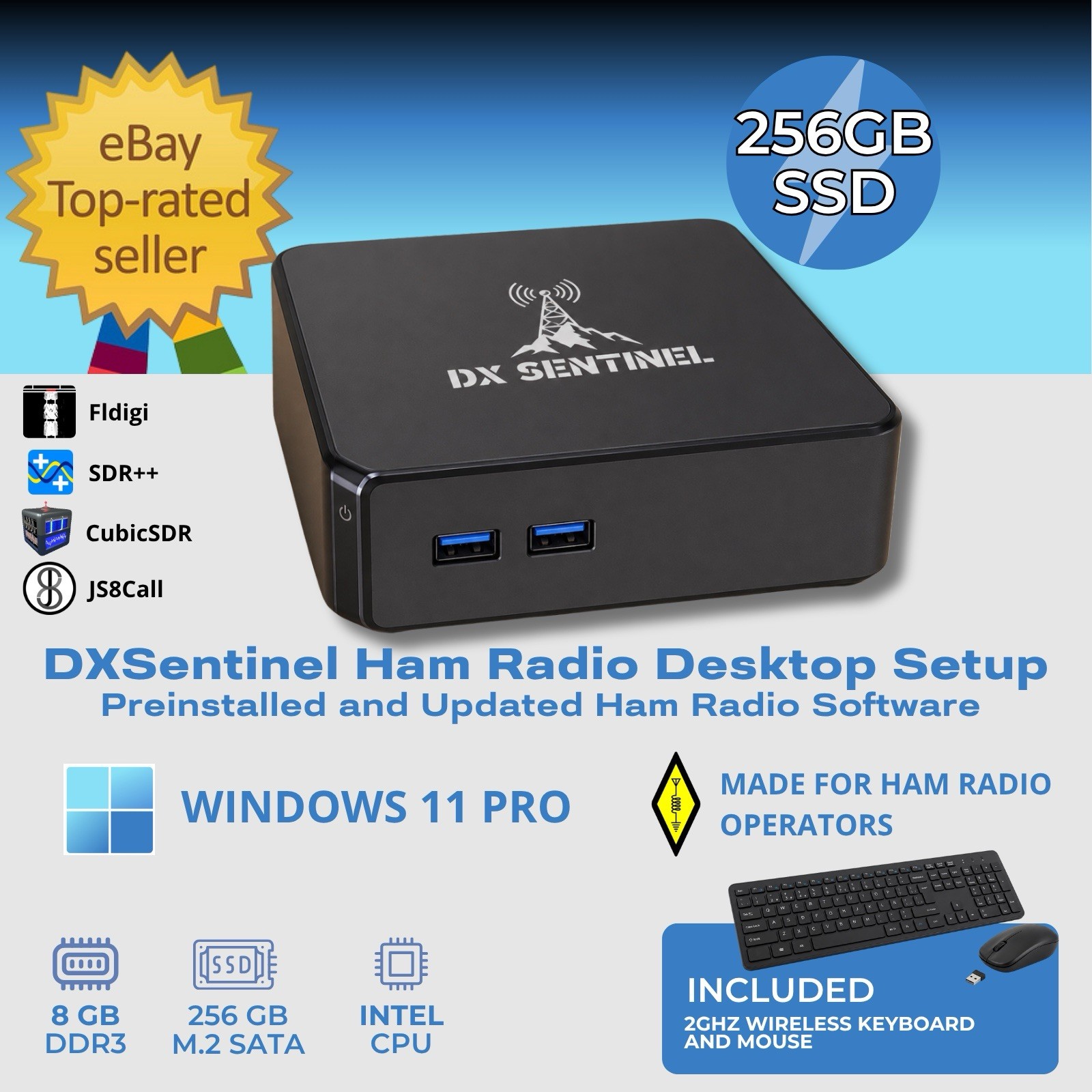 DXSentinel Ham Radio Mini PC Kit 8GB 256GB SSD JS8Call FLDIGI Windows 11 Pro
