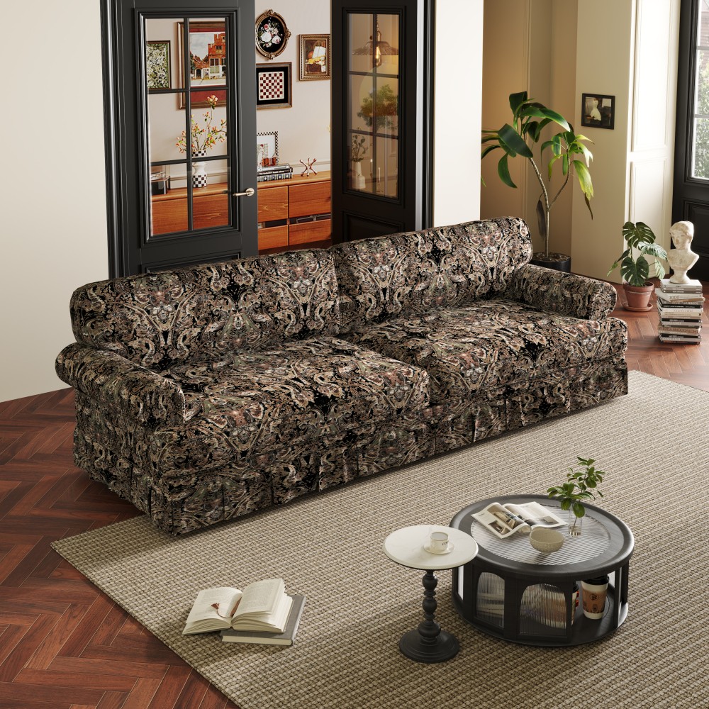 4-Seater Cloud Couch, Deep 26.4" Seat Oxford Fabric Sofa, Black Floral