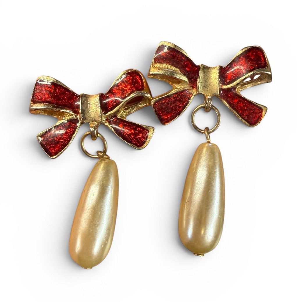 Vintage Bow Red Enamel Drop Faux Pearls Dangle Earrings Pierced
