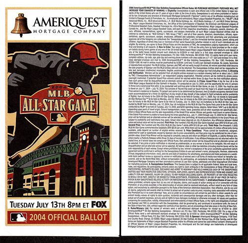 2004 AMERIQUST BASEBALL ALL STAR GAME BALLOT Unpunched