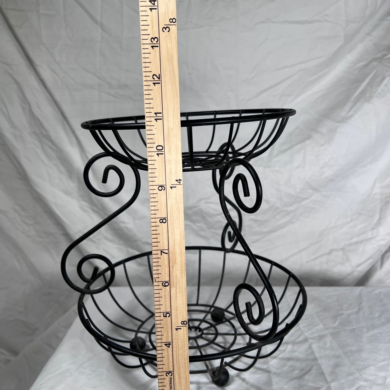 Black Metal Two-Tier Wire Fruit Basket Stand Scrollwork Countertop