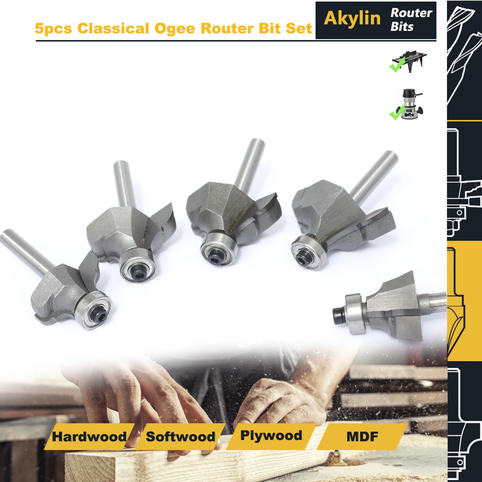 Akylin 5pc Classical Ogee Router Bit Set, 1/4" Shank, 5/8" Cutting Depth