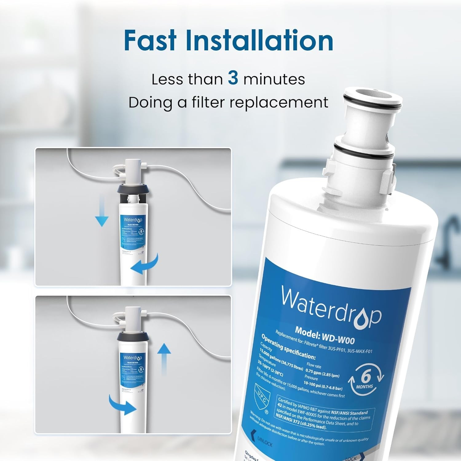 Waterdrop 3US-MAX-F01 3US-PF01 Replacement Filter, Replacement for Filtrete®
