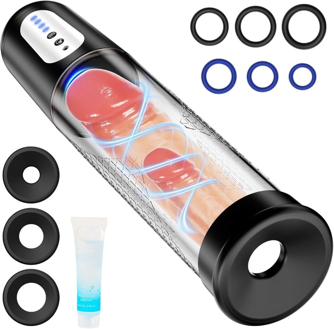 Bomba de Pene Eléctrica, 4 Modos Recargable USB con 6 Anillos y Lubricante