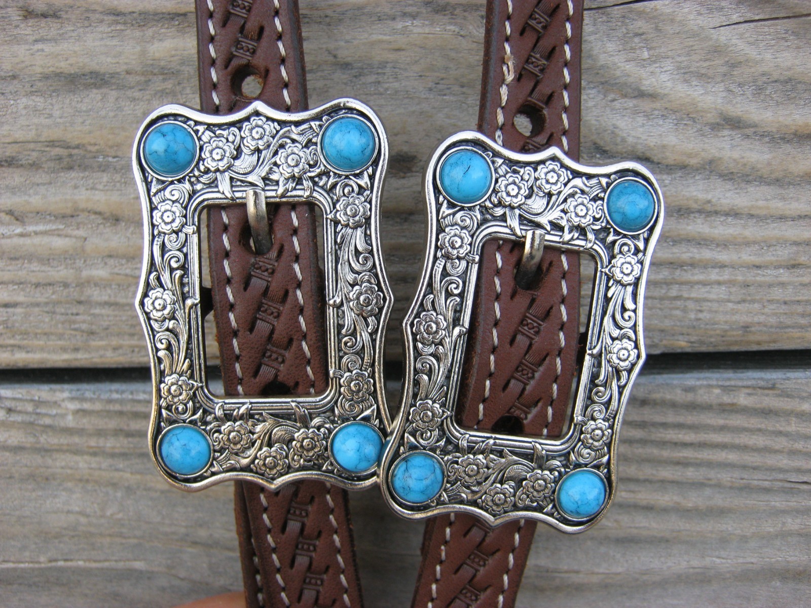 West 74 Dark Oil Leather 5/8" One Ear Floral Turquoise Stone Buckles Headstall