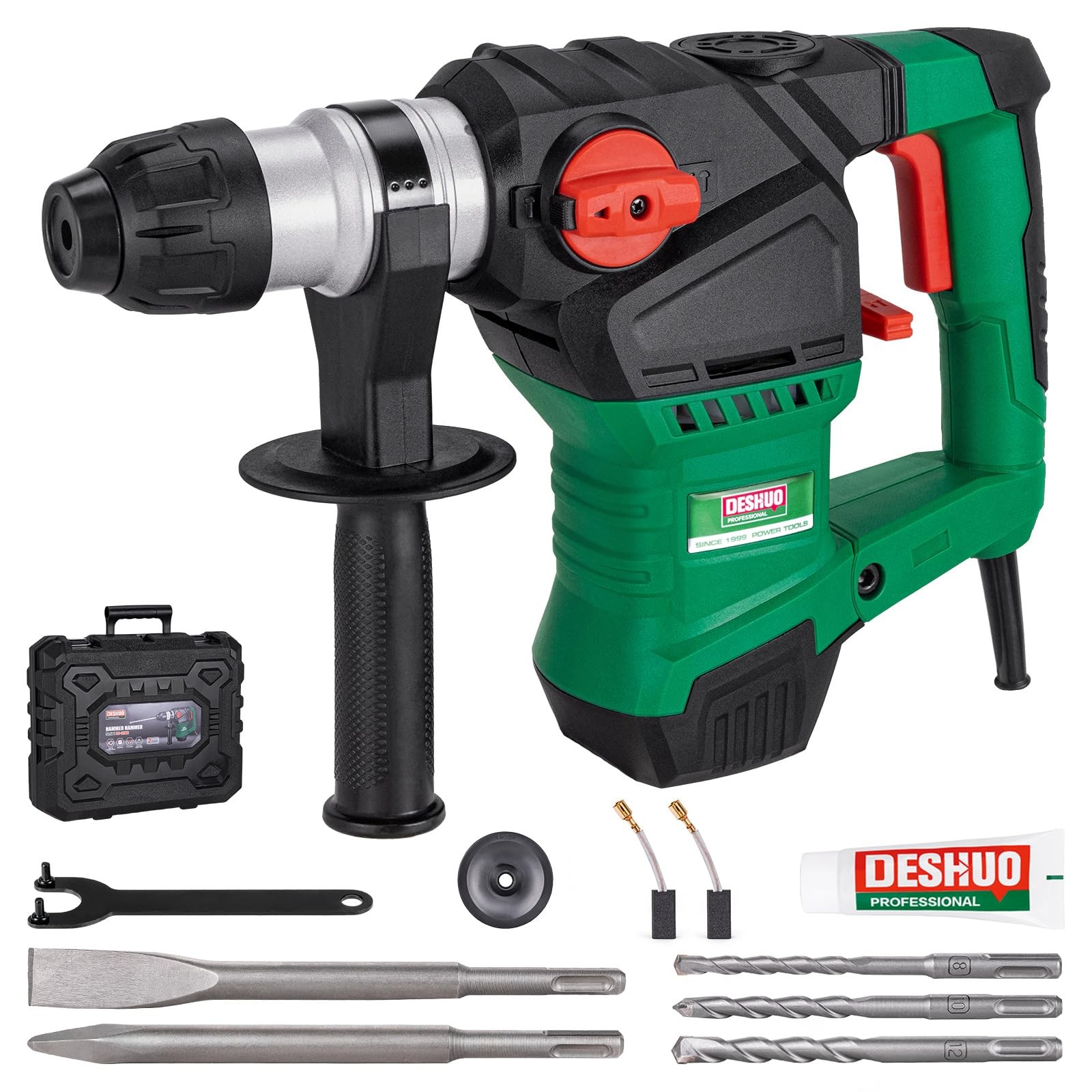 Deshuo 1-1/4" SDS-Plus Rotary Hammer Drill, 12.5 Amp 3 Functions Green/Black