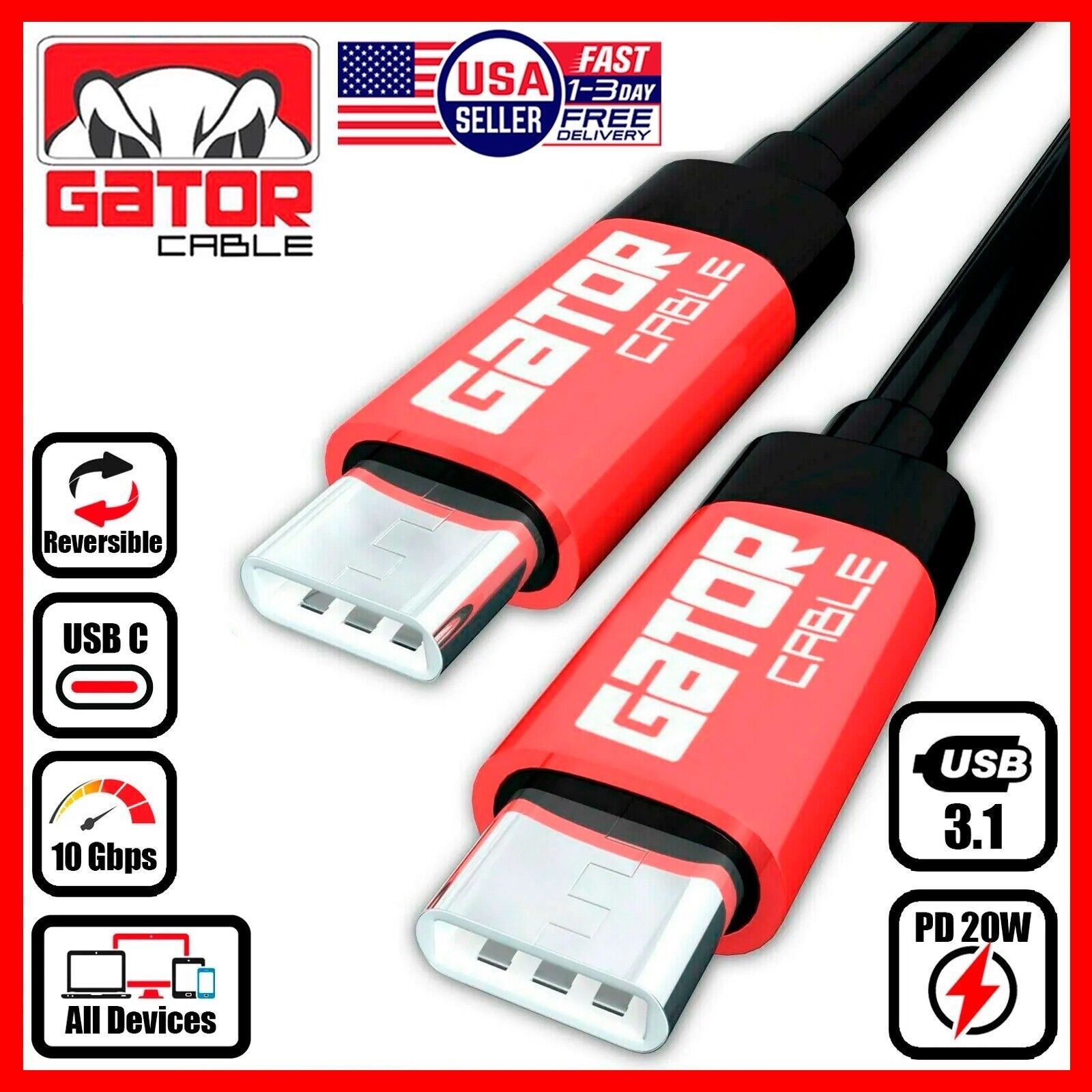 USB-C to USB-C 3.1 Charger Data Cable Rapid Fast Charge Type C PD 60W 5A Power