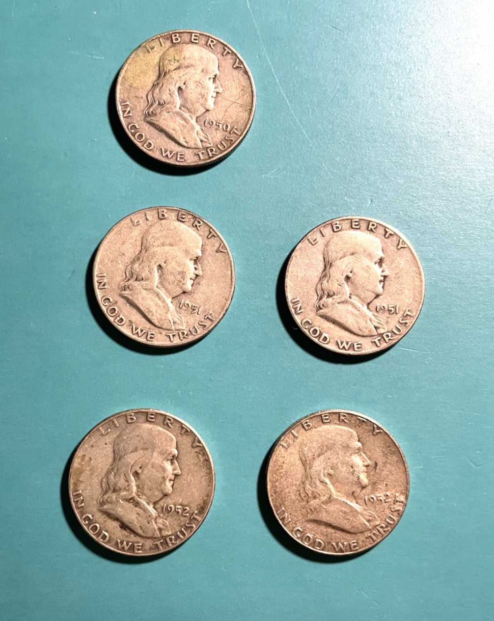 US Coins Five Benjamin Franklin Silver Half Dollars 1950, 1951, 1952