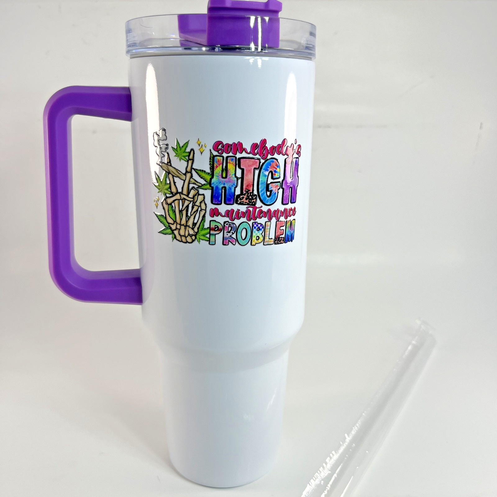 Stainless Steel Travel Tumbler 30oz White Purple Handle Insulated Cup