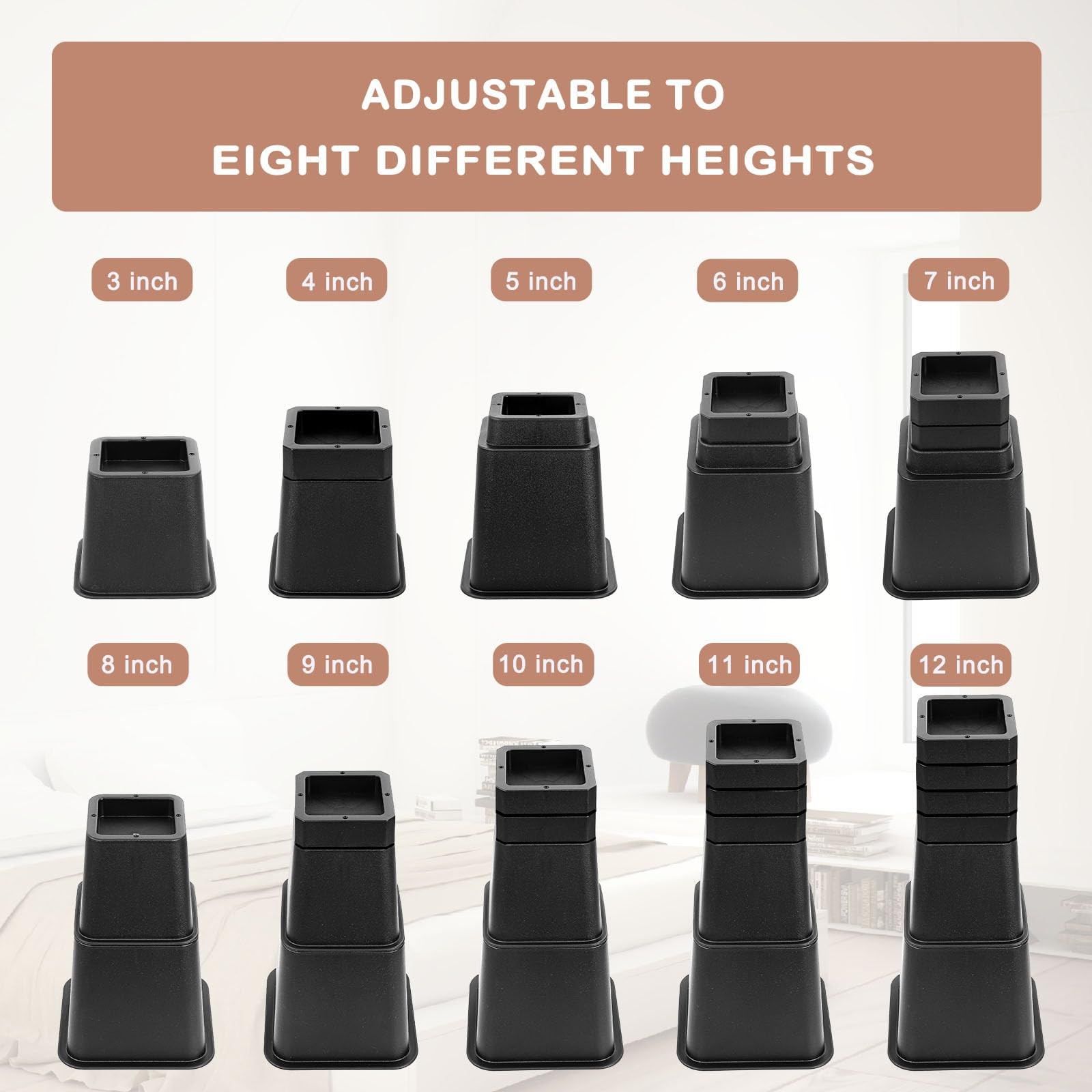 Adjustable Bed Risers Heavy Duty Elevation 3 to 12 Inch 24 PCS Pack Black