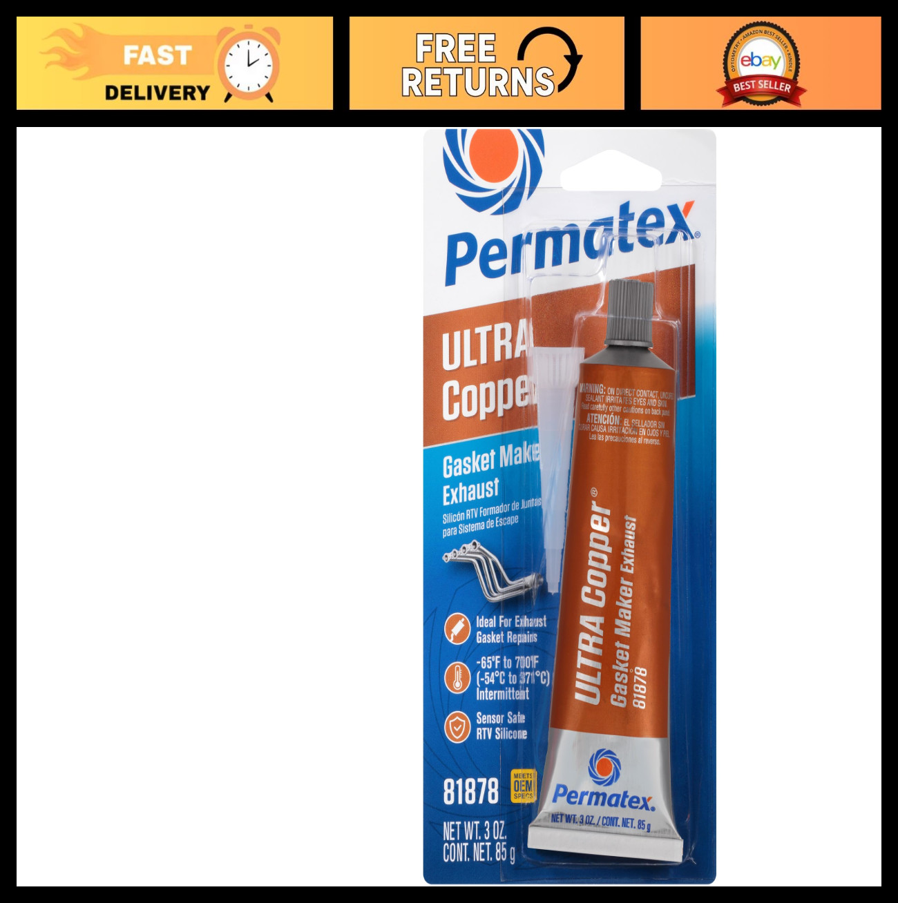 High-Temp RTV Silicone Gasket Maker, Ultra Copper, 3 oz Tube - Automotive Sealan