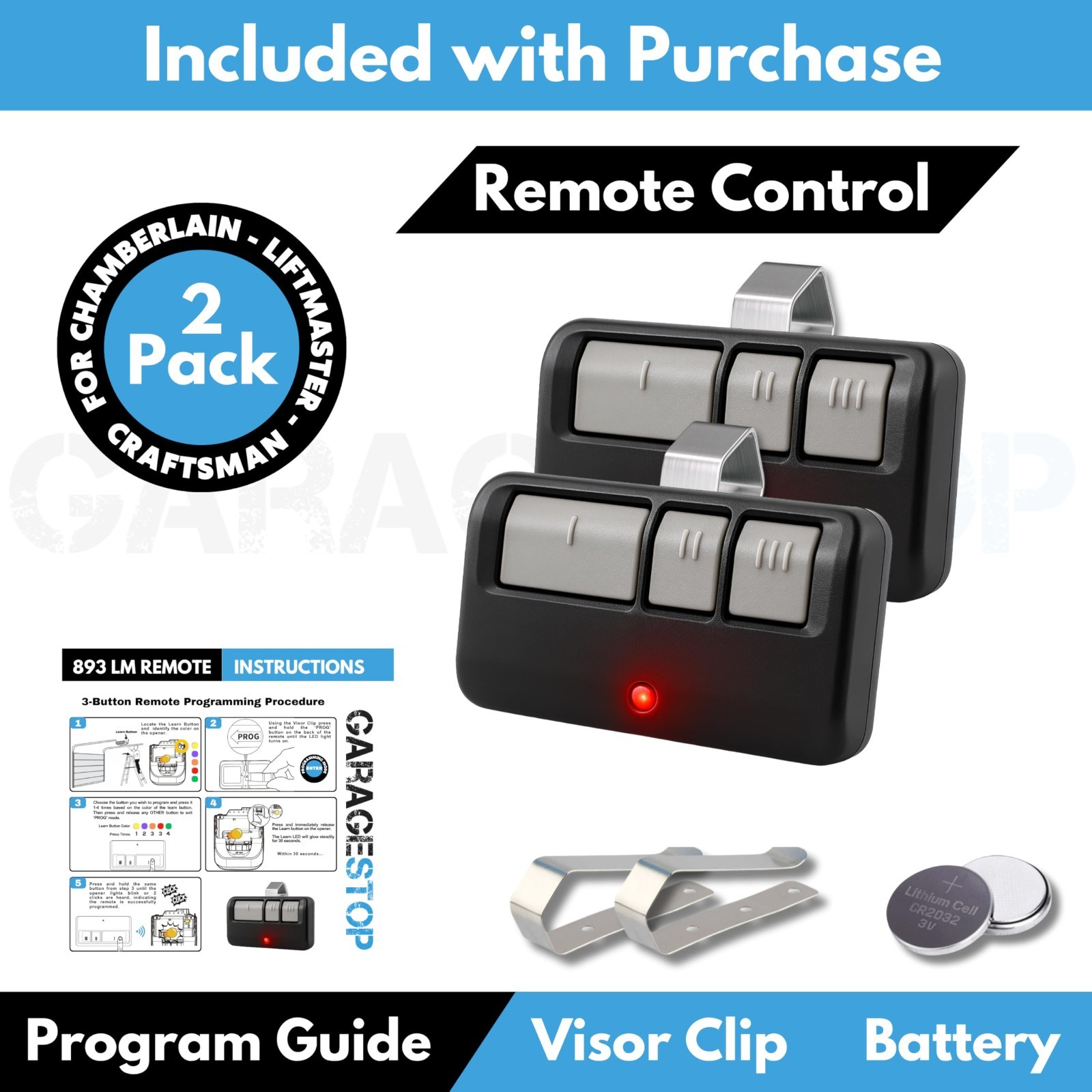 Universal Garage Door Opener Remote Replacement - 2X, 5 Learn Buttons, Compatibl