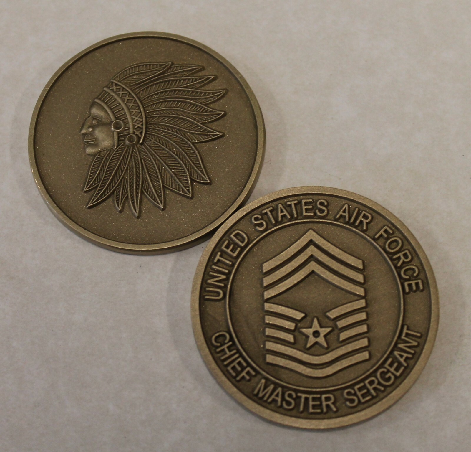 Chief / CMSgt Antique Bronze Air Force Challenge Coin / Current Chevron