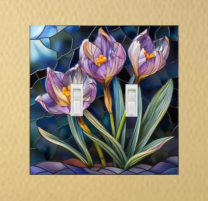 Stained glass Purple Crocus  Light Switch Plates Outlet covers rocker covers
