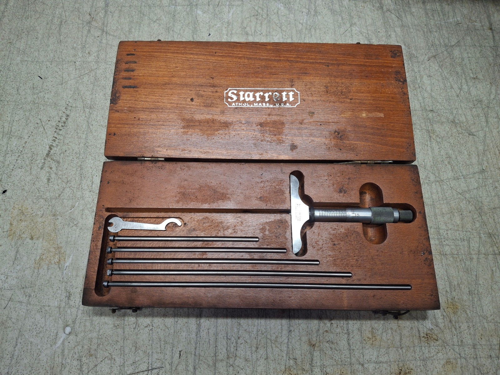 Vintage Starrett No. 445 Depth Micrometer Set In Wooden Box 0" - 9"