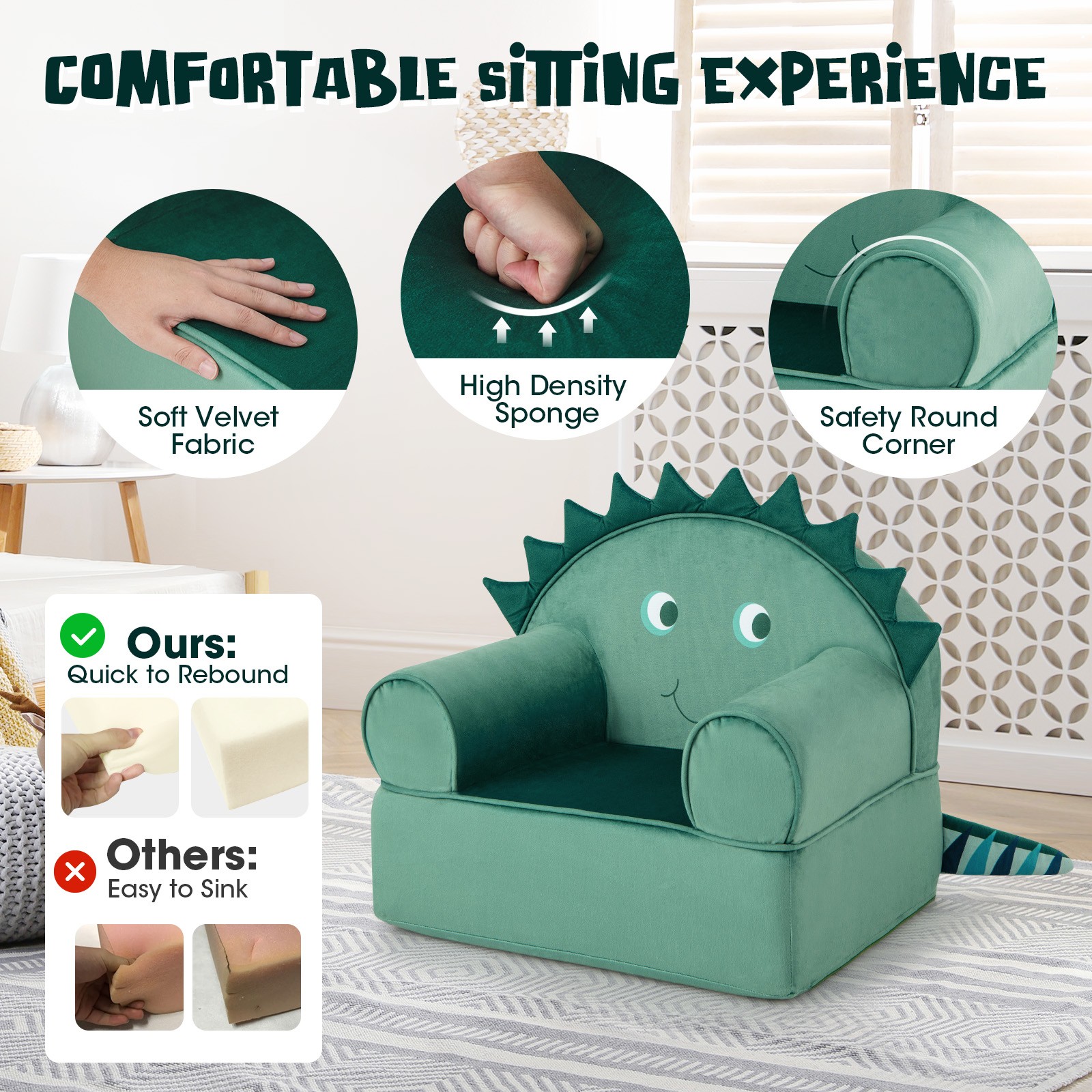 Kids Sofa Foam Filled Washable Cover Armchair Dinosaur Toddler Furniture Couch