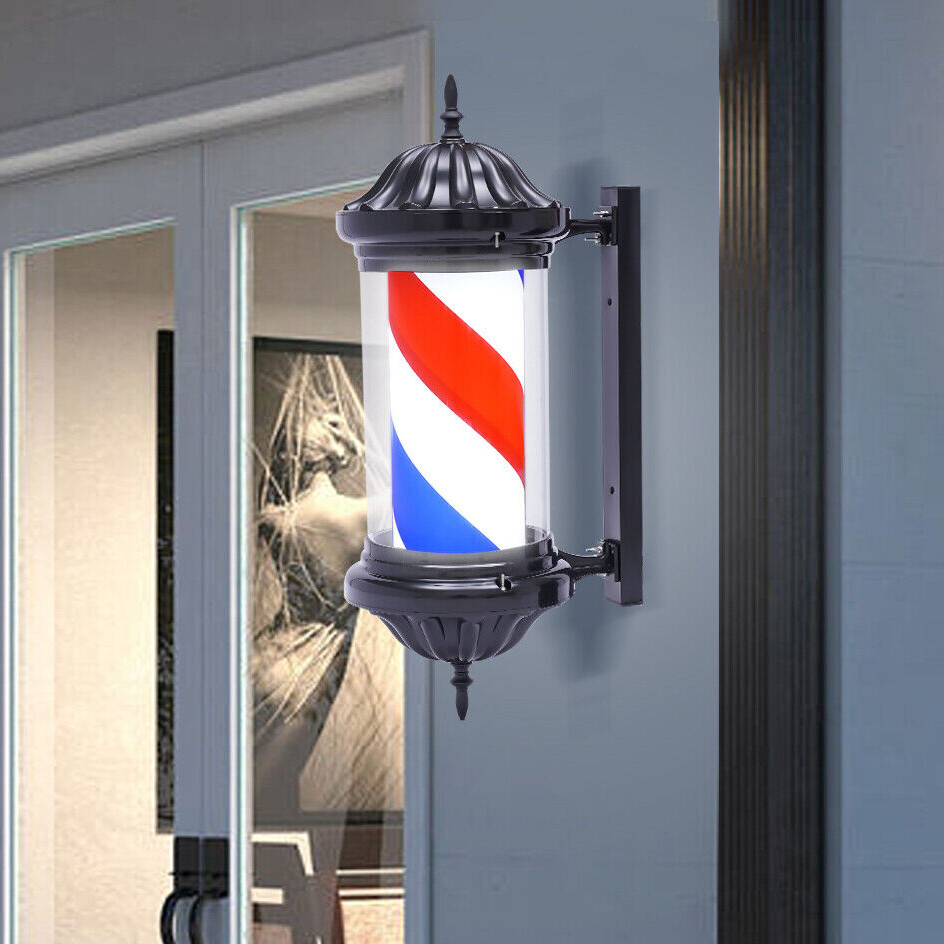 White Blue Rotating Stripes Barber Pole LED Light Red Metal Hair Salon Shop Sign