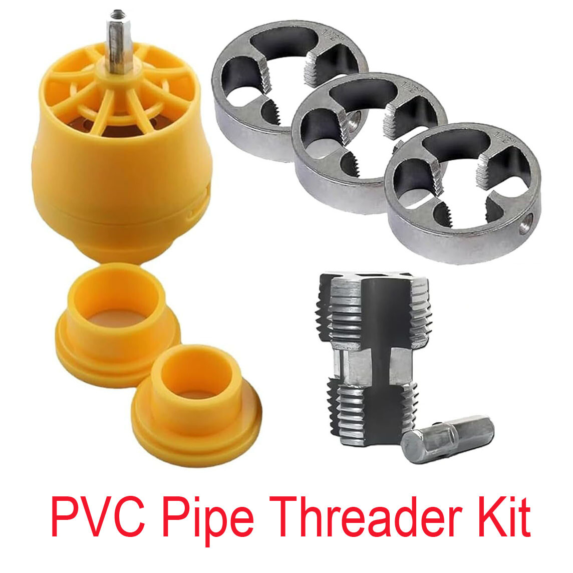 Electric Drill Compatible PVC Pipe Threader Kit with Various Die Sizes -Set 7PCS