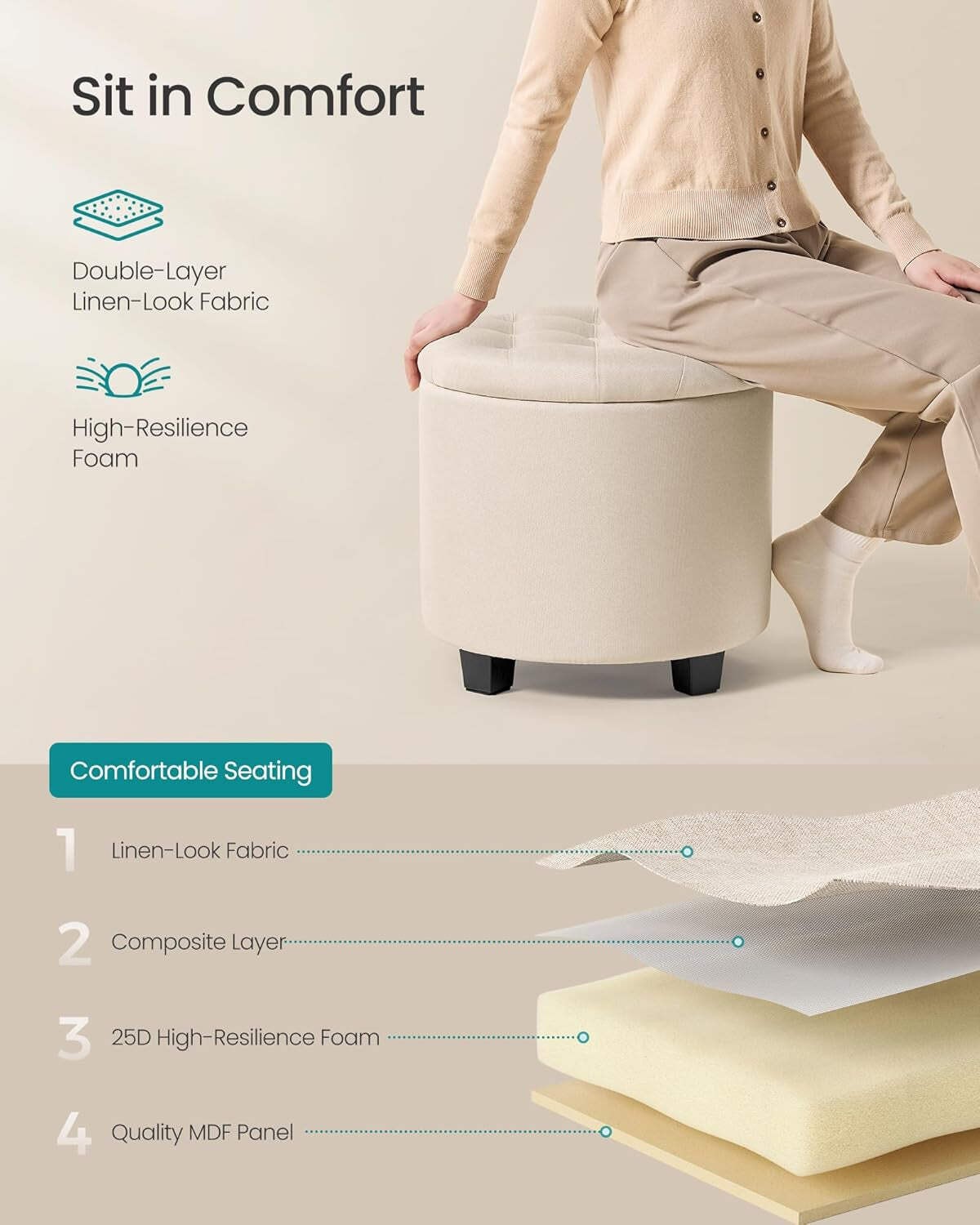 Round Ottoman With Durable Storage Linen-Look Beige