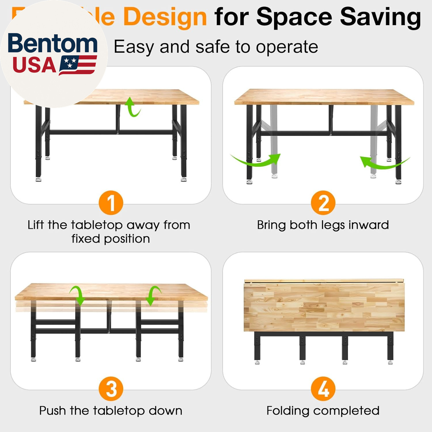 60” Folding Workbench, 2000 LBS Capacity Heavy Duty Workbench, Height Adjustable