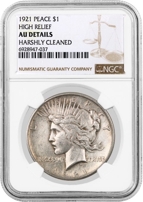 1921 High Relief $1 Silver Peace Dollar NGC AU Details Harshly Cleaned #037