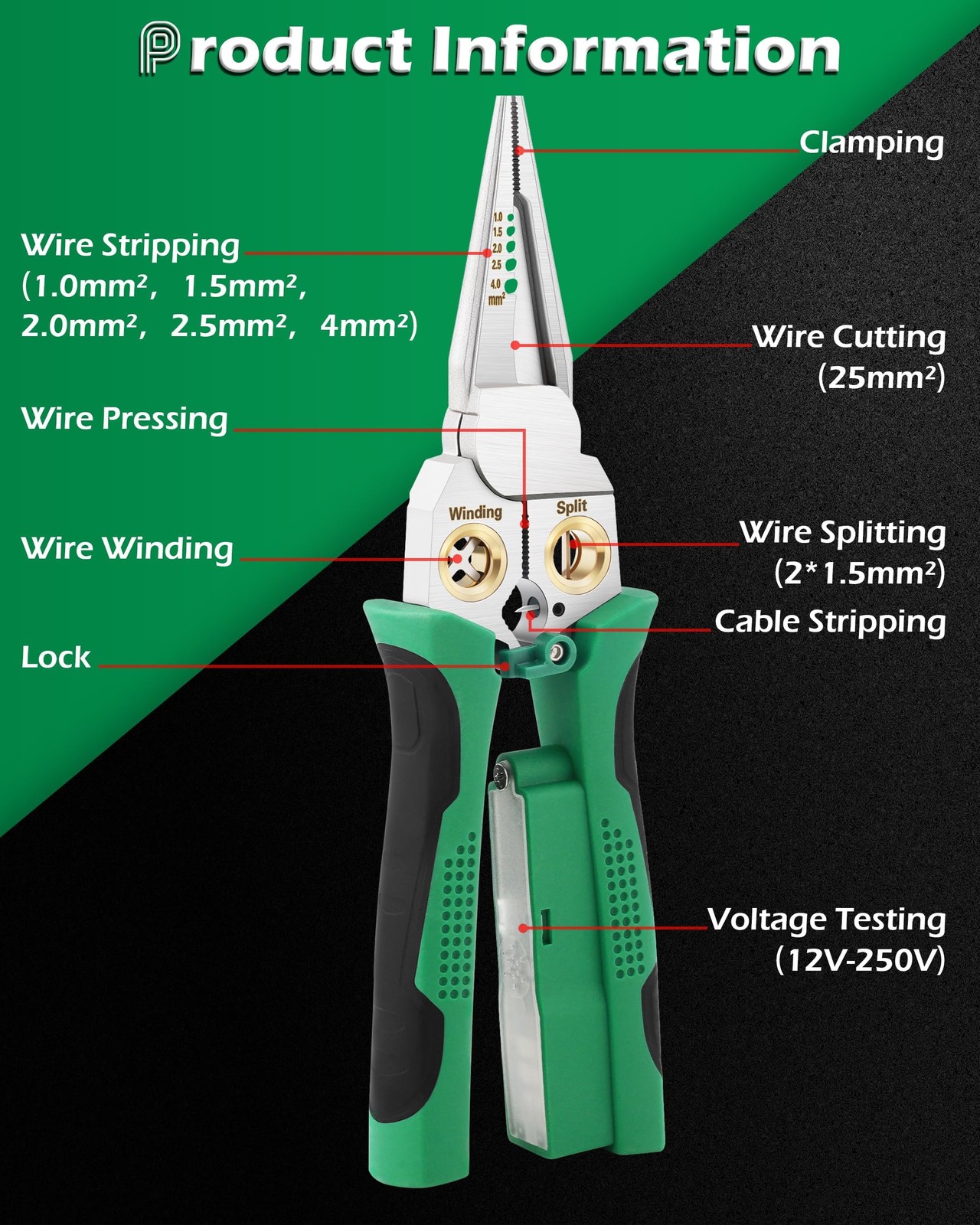 8-in-1 Wire Stripper Voltage Tester Electrical Cable Stripping Plier Green
