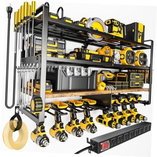 Large Power Tool Organizer Wall Mount 33” W with Power Station Black & Wood