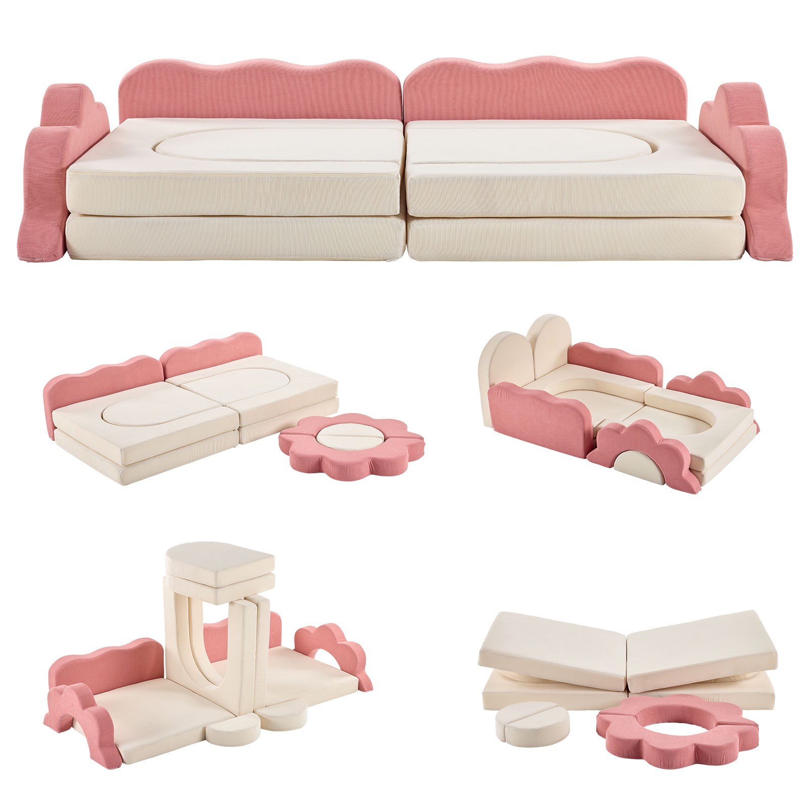 Modular Kids Sofa, All-Sponge Pink & White Corduroy, Free Combination Design