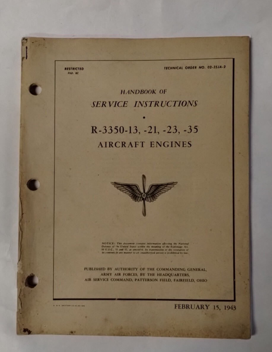 Wright Models R-3350-13-21-23-35 Aircraft Engines Service Instructions -Original