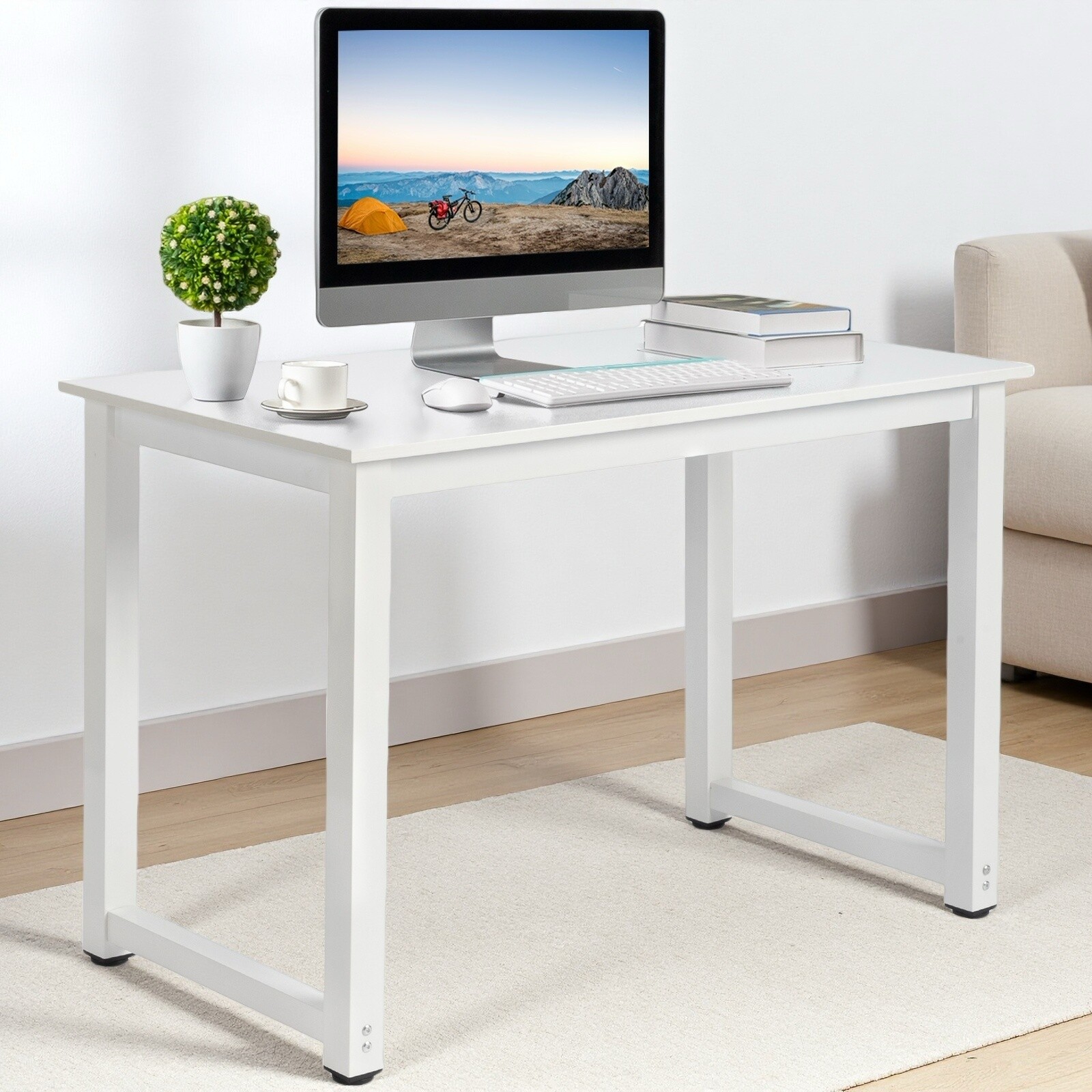 Simple Computer Desk - Portable, White, Steel White Frame & Adjustable Foot Pad