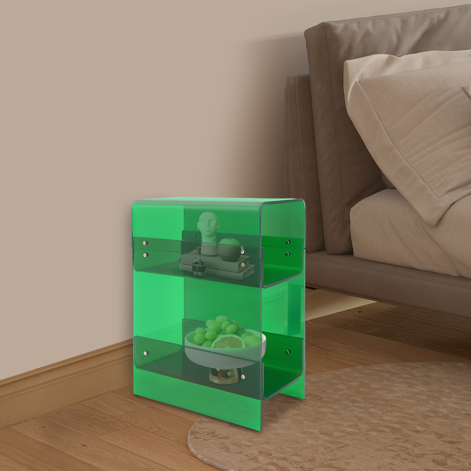 Modern Acrylic Storage Side Table Green 3-Tier Display Shelf for Small Spaces