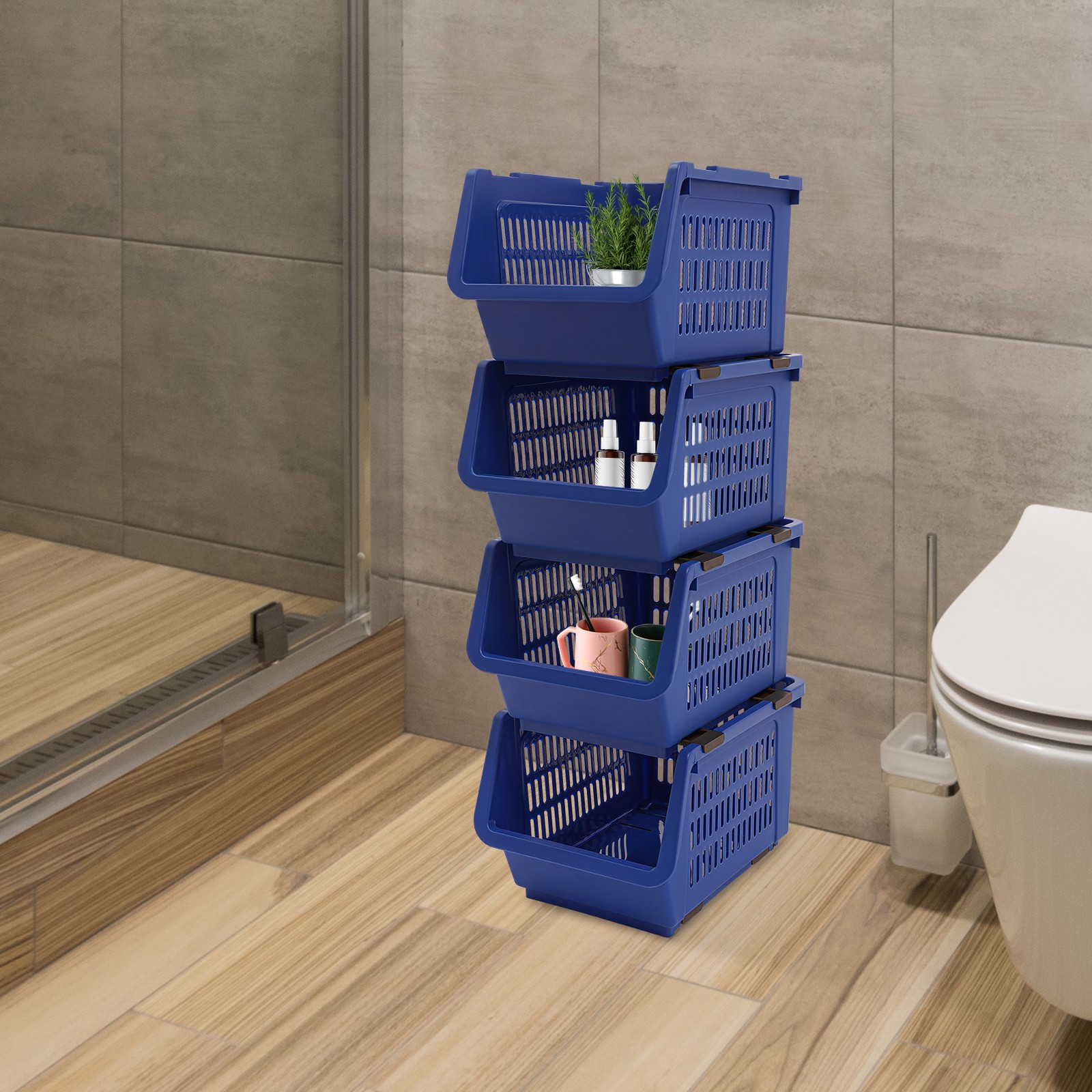 4PCS Stacking Storage Baskets, PP Plastic Stackable Organizer Bins