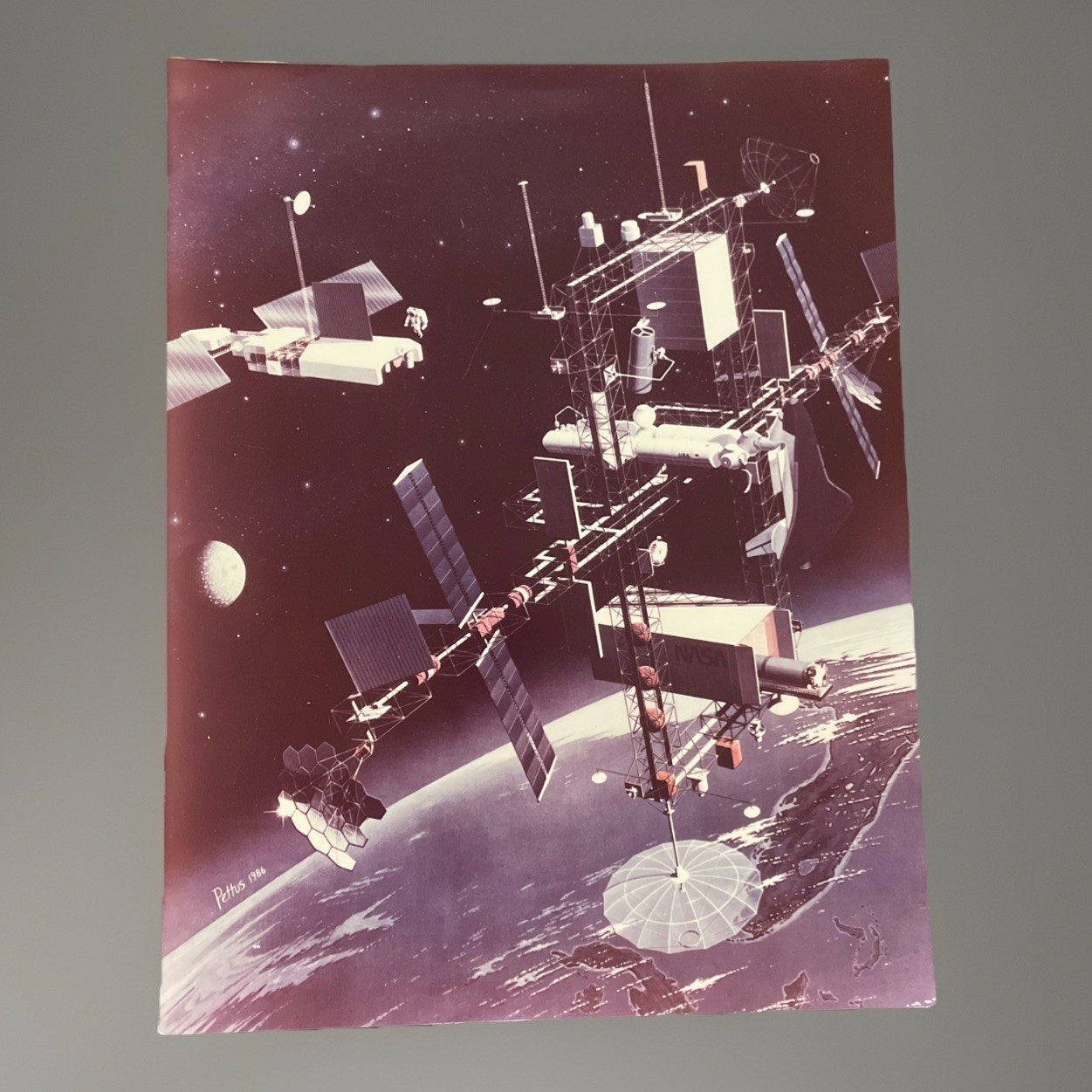 1986 NASA Space Station Concept Art By Pethus  8.5 X 11” Lithograph Kodak Paper