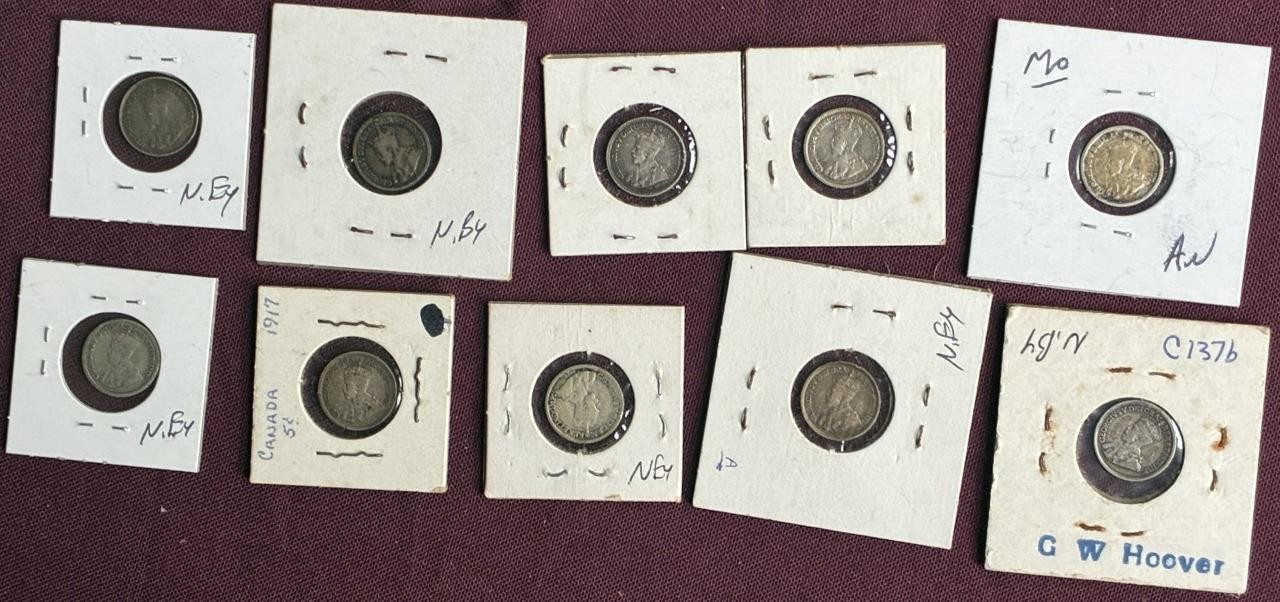 REDUCED!! ONE A YEAR 1902-1920 CANADA 5 CENT SILVER PIECES INCLUDES 1908 & 1915