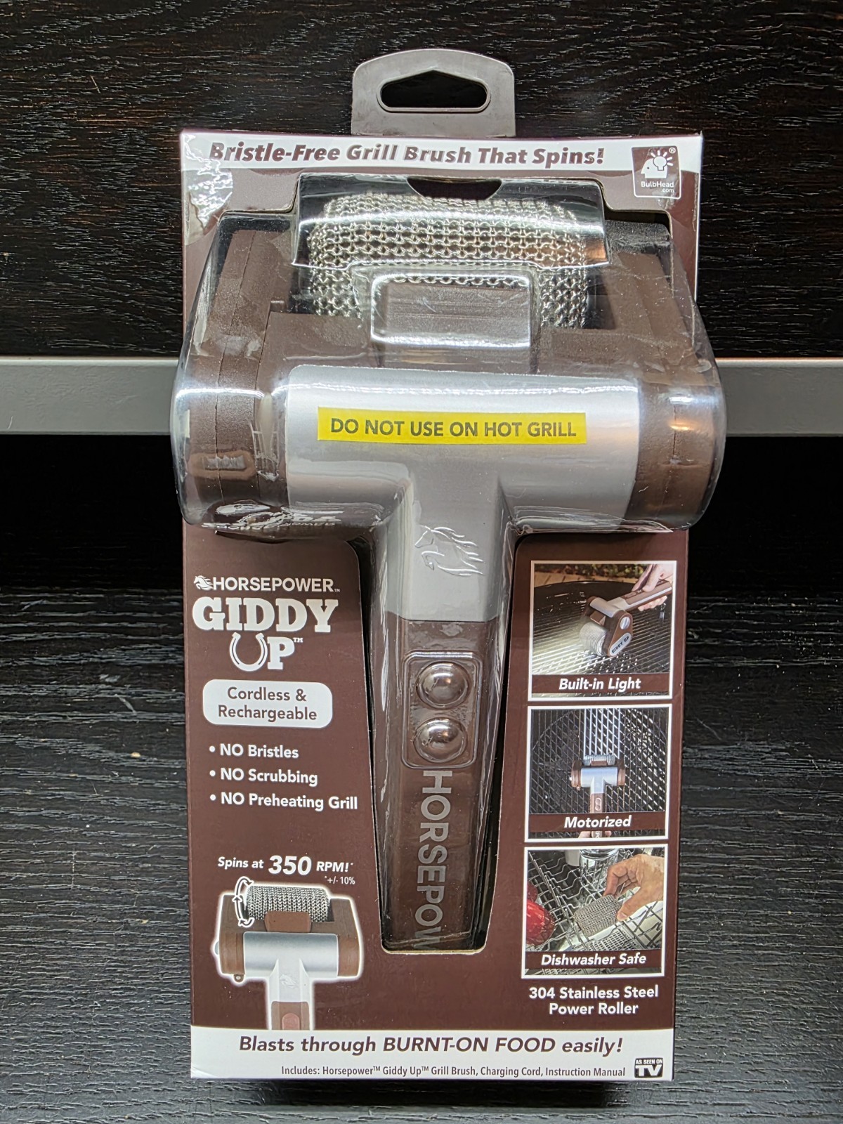 Horsepower Giddy Up Bristle Free Spinning BBQ Grill Brush With Light Brand New