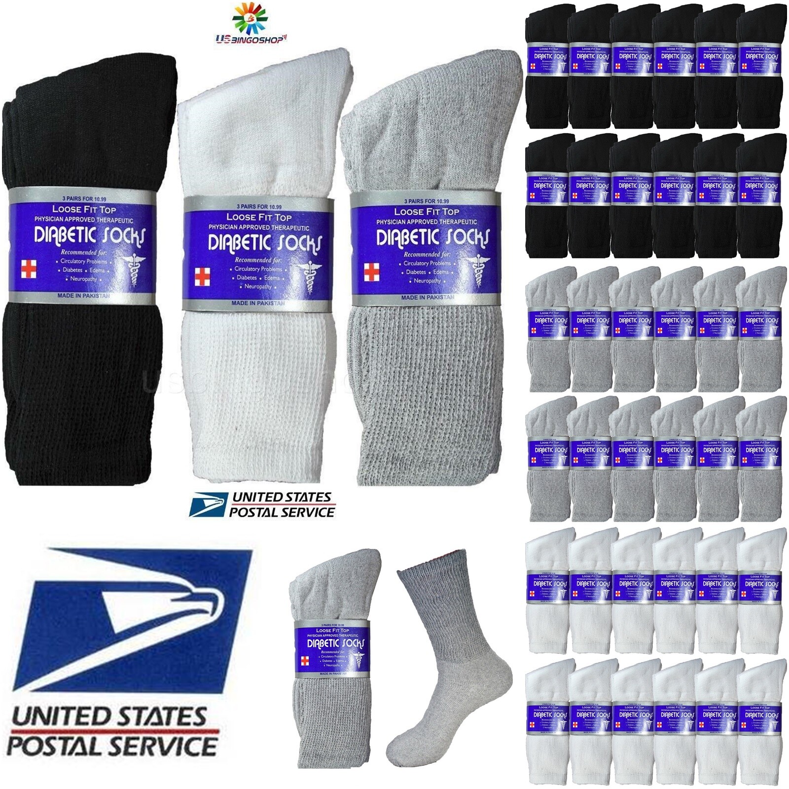 Lot of 1 3 6 12 Pair Men Loose Fit Diabetic Crew Socks Health Cotton 10-13