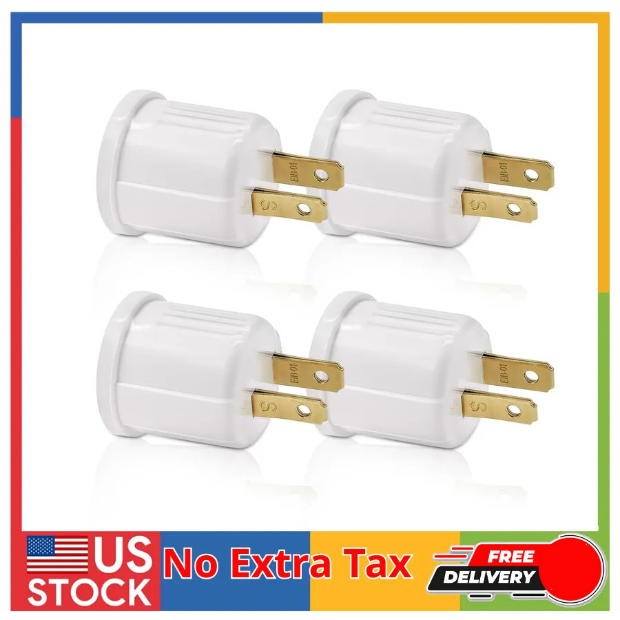 2-Prong Outlet to E26 E27 Light Bulb Socket Adapter 660W 125V White 4 Pack