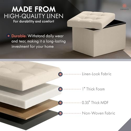Small Storage Ottoman, Set of Foldable Collapsible Rectangle Linen 2 Beige